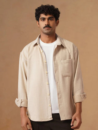 Beige Brushed Cotton Shacket – Loose Fit, Full Sleeves
