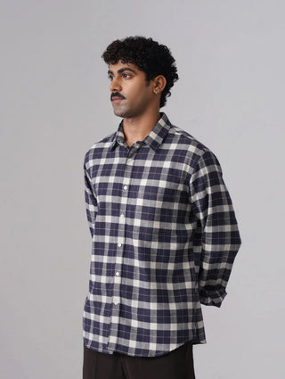 Navy Checkered Cotton Shirt – Regular Fit, Full Sleeves