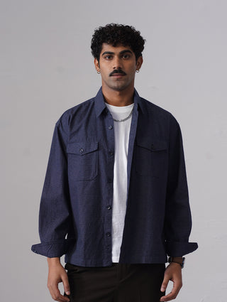 Dark Blue Textured Double Pocket Cotton Shacket