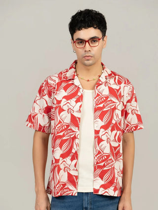 Printed Red Cuban Collar Shirt- Loose Fit