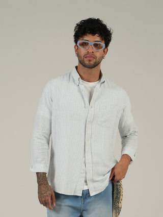 Blue Striped Cotton Shirt – Full Sleeve, Regular Fit, Classic Collar