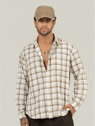 Brown Checkered Cotton Shirt – Full Sleeve, Loose Fit