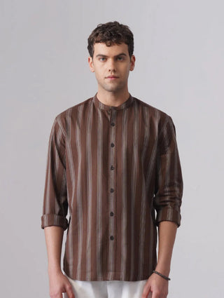 Brown Striped Cotton Shirt – Regular Fit, Full Sleeves