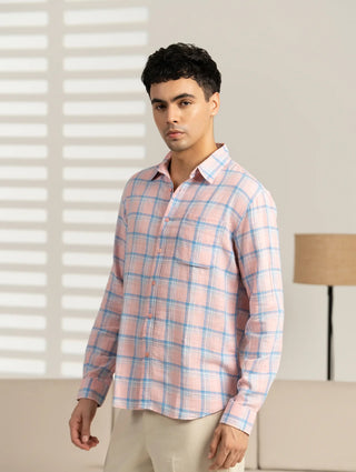 Pink Checked Cotton Shirt – Regular Fit, Full Sleeves