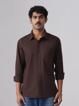 Brown Solid Brushed Cotton Shirt – Regular Fit, Full Sleeves