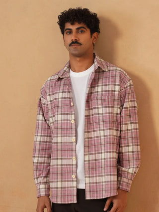 Pink Checkered Organic Cotton Shacket – Loose Fit, Full Sleeves