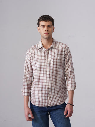 Beige & Maroon Checkered Cotton Shirt – Regular Fit, Full Sleeves