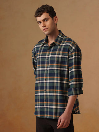 Green & Blue Checkered Cotton Lycra Shirt – Loose Fit, Full Sleeves