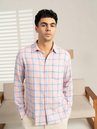 Pink Checked Cotton Shirt – Regular Fit, Full Sleeves