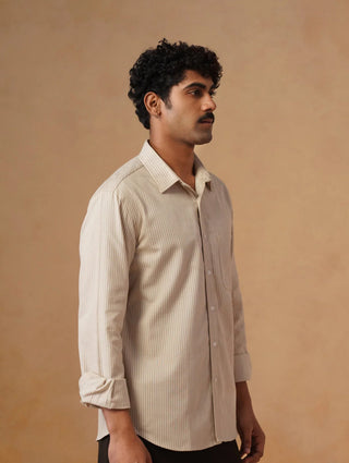Beige Striped Cotton Shirt – Regular Fit