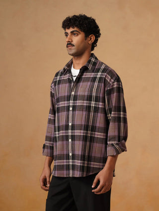 Purple Checkered Brushed Cotton Shacket – Loose Fit, Full Sleeves