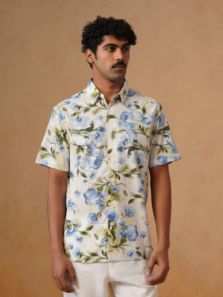 Blue Printed Organic Cotton Blend Shirt – Regular Fit, Half Sleeves