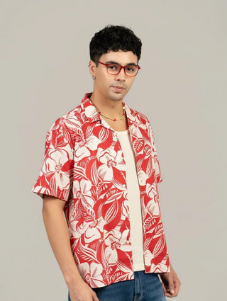 Printed Red Cuban Collar Shirt- Loose Fit