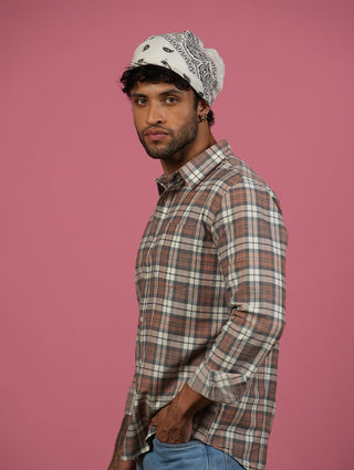 Brown Checkered Cotton Shirt – Full Sleeve, Regular Fit