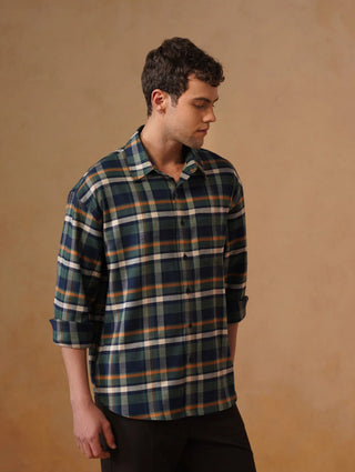 Blue Checkered Cotton Shirt – Loose Fit, Full Sleeves
