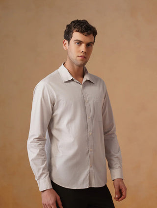 Beige Slub Cotton Shirt – Regular Fit, Full Sleeves