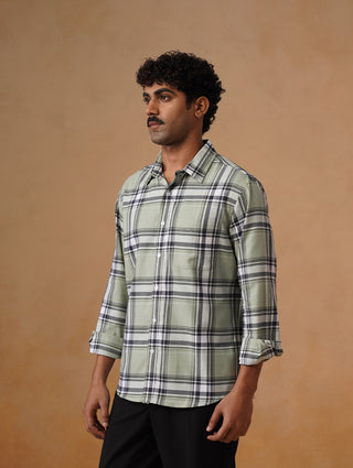 Green Checked Brushed Cotton Shirt – Regular Fit, Full Sleeves