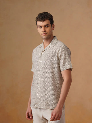 Brown Printed Cotton Cuban Collar Shirt – Regular Fit, Half Sleeves