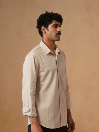 Beige Striped Cotton Shirt – Regular Fit, Full Sleeves