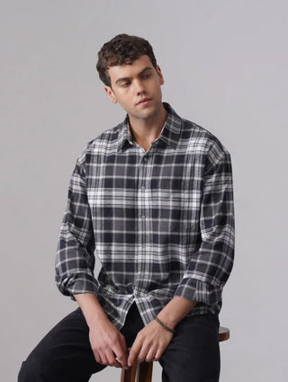 Grey Checkered Brushed Cotton Shirt – Loose Fit, Full Sleeves