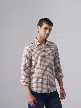 Beige & Maroon Checkered Cotton Shirt – Regular Fit, Full Sleeves