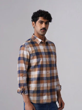 Brown Checkered Cotton Shirt – Regular Fit, Full Sleeves