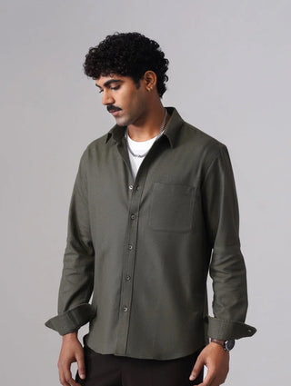 Olive Brushed Cotton Shirt – Regular Fit, Full Sleeves
