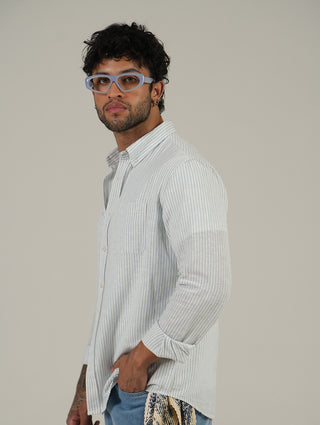 Blue Striped Cotton Shirt – Full Sleeve, Regular Fit, Classic Collar