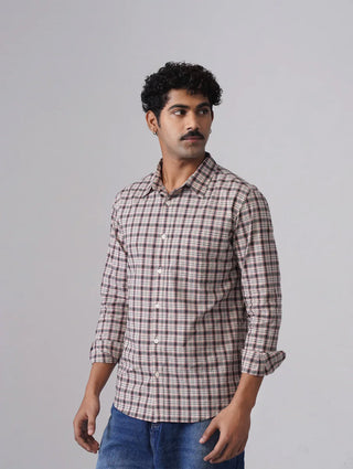 Beige & Grey Checked Cotton Stretch Shirt – Regular Fit, Full Sleeves