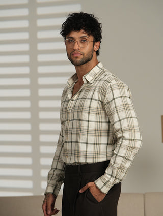 Off-White & Brown Checked Cotton Shirt – Regular Fit, Full Sleeves