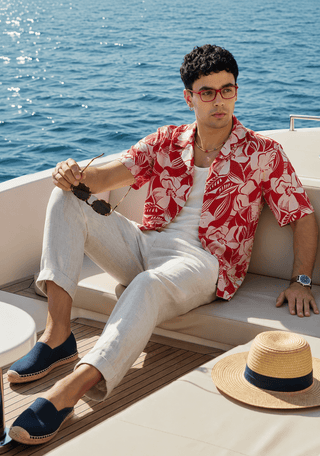 Printed Red Cuban Collar Shirt- Loose Fit