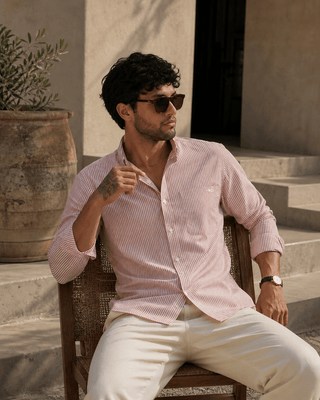 Red Striped Cotton Shirt – Regular Fit, Full Sleeves