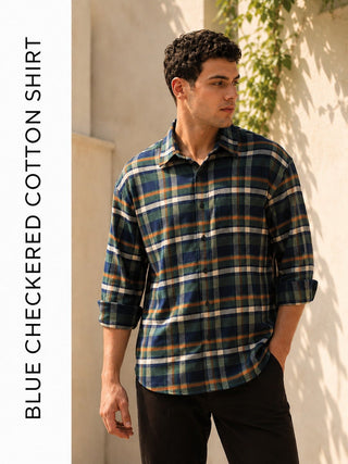 Blue Checkered Cotton Shirt – Loose Fit, Full Sleeves