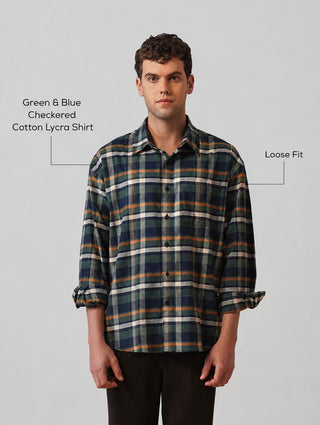 Blue Checkered Cotton Shirt – Loose Fit, Full Sleeves