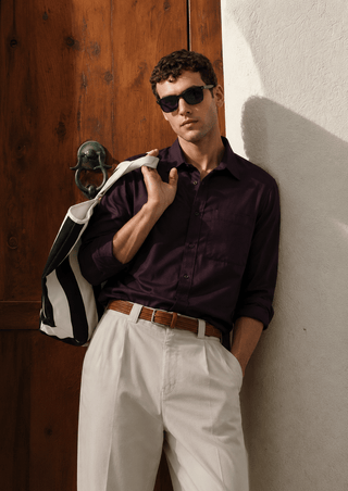 Wine Brushed Cotton Shirt – Regular Fit, Full Sleeves