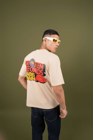 Broken Records Printed Oversized Tee – Beige - Gimaq - The magic shuffle!