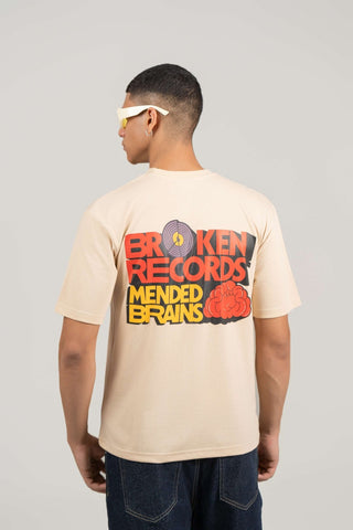 Broken Records Printed Oversized Tee – Beige - Gimaq - The magic shuffle!