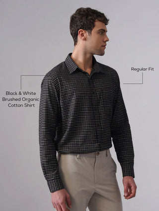 Black & White Brushed Organic Cotton Shirt – Regular Fit, Full Sleeves