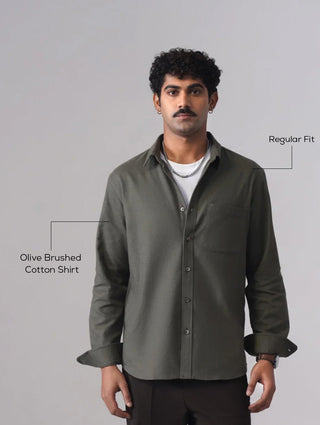 Olive Brushed Cotton Shirt – Regular Fit, Full Sleeves