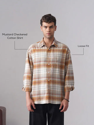 Mustard Checkered Cotton Shirt – Loose Fit, Full Sleeves