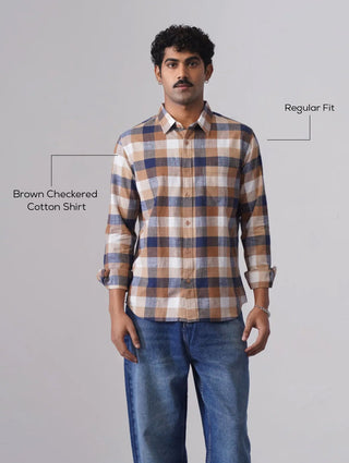 Brown Checkered Cotton Shirt – Regular Fit, Full Sleeves