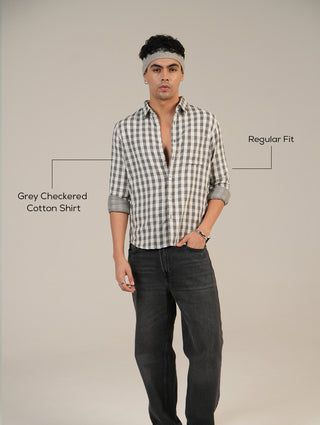 Grey Checkered Cotton Shirt – Full Sleeve, Regular Fit