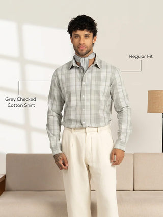 Grey Checked Cotton Shirt – Regular Fit, Full Sleeves