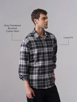 Grey Checkered Brushed Cotton Shirt – Loose Fit, Full Sleeves