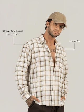 Brown Checkered Cotton Shirt – Full Sleeve, Loose Fit
