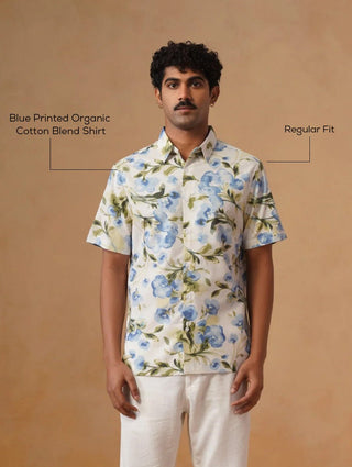 Blue Printed Organic Cotton Blend Shirt – Regular Fit, Half Sleeves