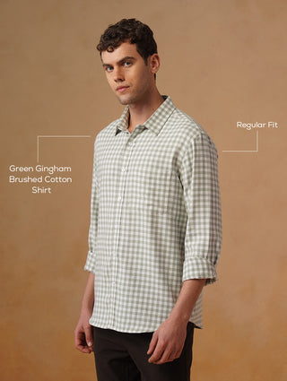 Green Gingham Brushed Cotton Shirt – Regular Fit, Full Sleeves