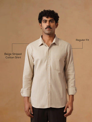 Beige Striped Cotton Shirt – Regular Fit, Full Sleeves
