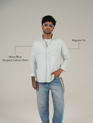 Blue Striped Cotton Shirt – Full Sleeve, Regular Fit, Classic Collar