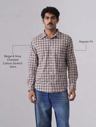 Beige & Grey Checked Cotton Stretch Shirt – Regular Fit, Full Sleeves